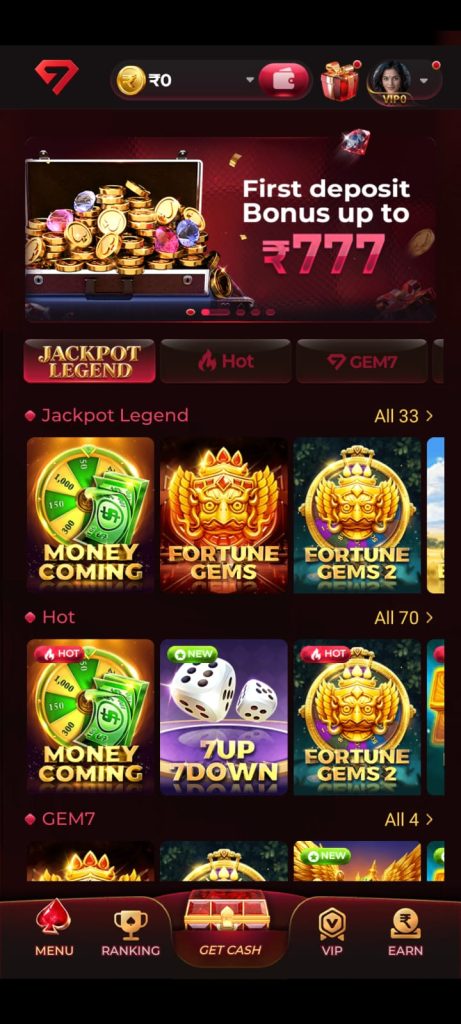 A smartphone displaying the GEM7 Game download page with a secure APK download button.