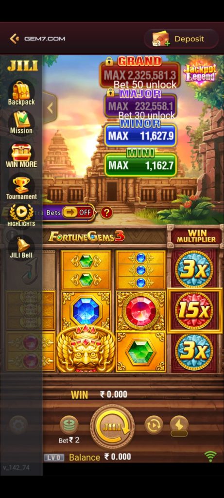GEM7 Game App interface showing a JILI slots dashboard with Grand, Major, and Mini jackpot values.